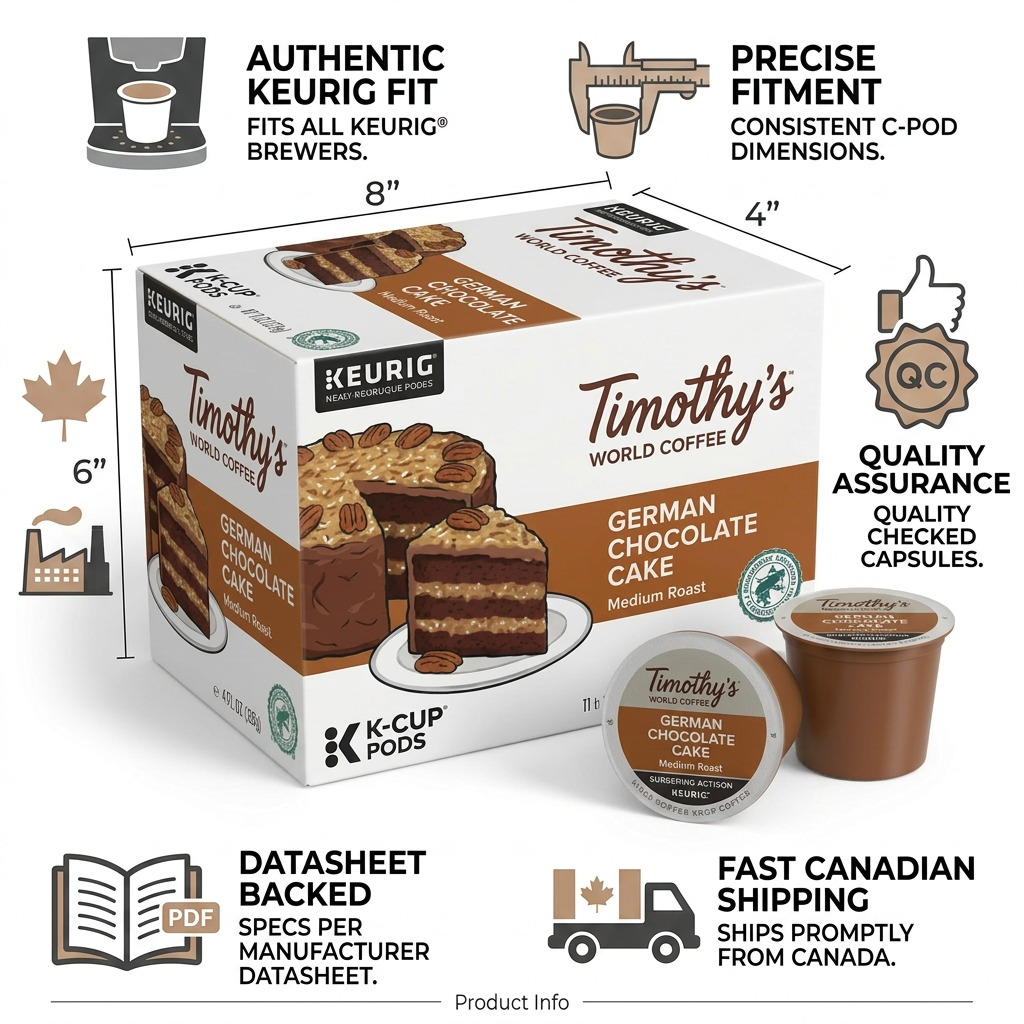 Timothy's German Chocolate Cake Coffee infographic showing Keurig fit, dimensions, and shipping.