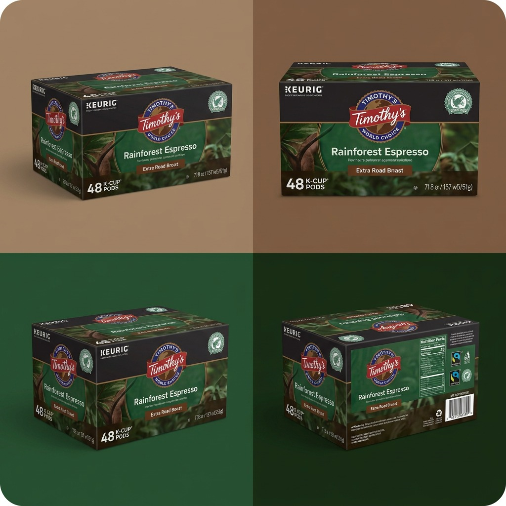 A four-panel grid showing the Keurig Timothy's Rainforest Espresso 48-count box from multiple angles.