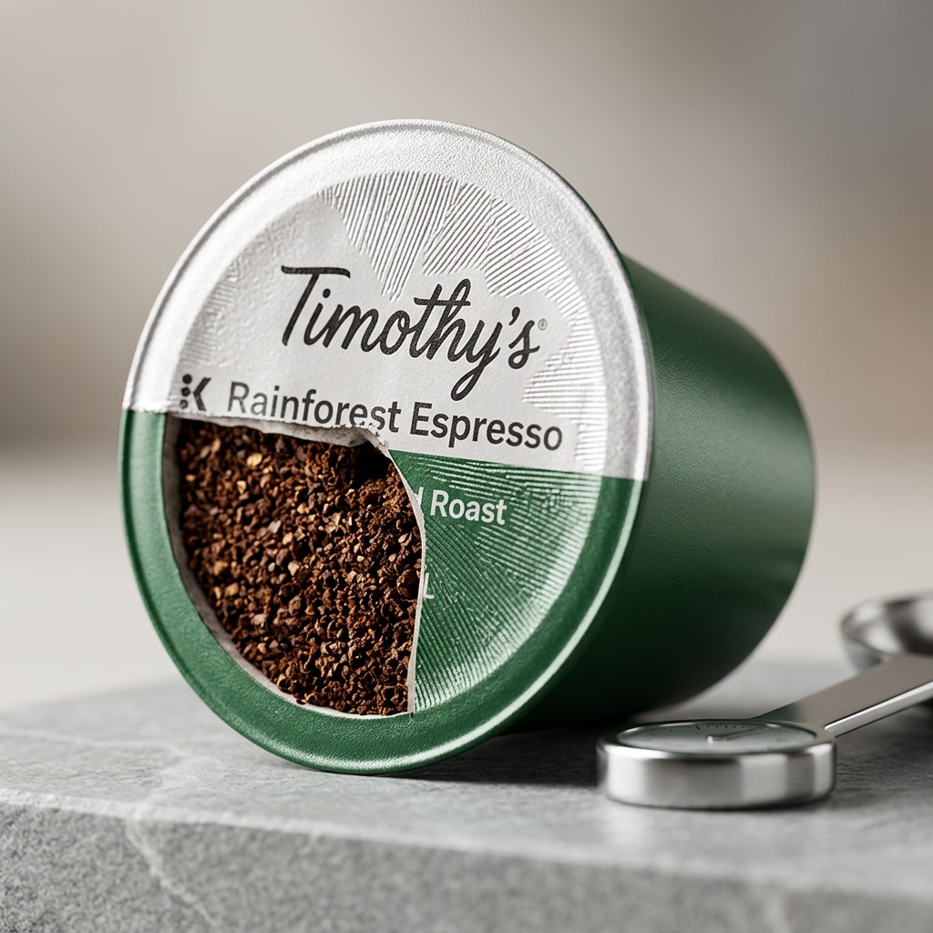 Macro detail of a Timothy's Rainforest Espresso K-Cup showing dark roast coffee grounds inside.