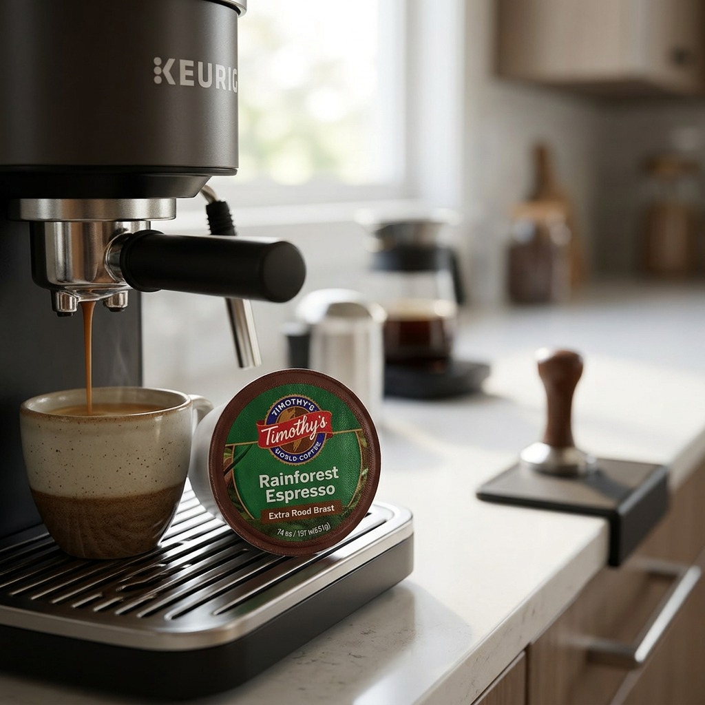 Timothy's Rainforest Espresso K-Cup pod placed next to a Keurig machine brewing into a ceramic mug.