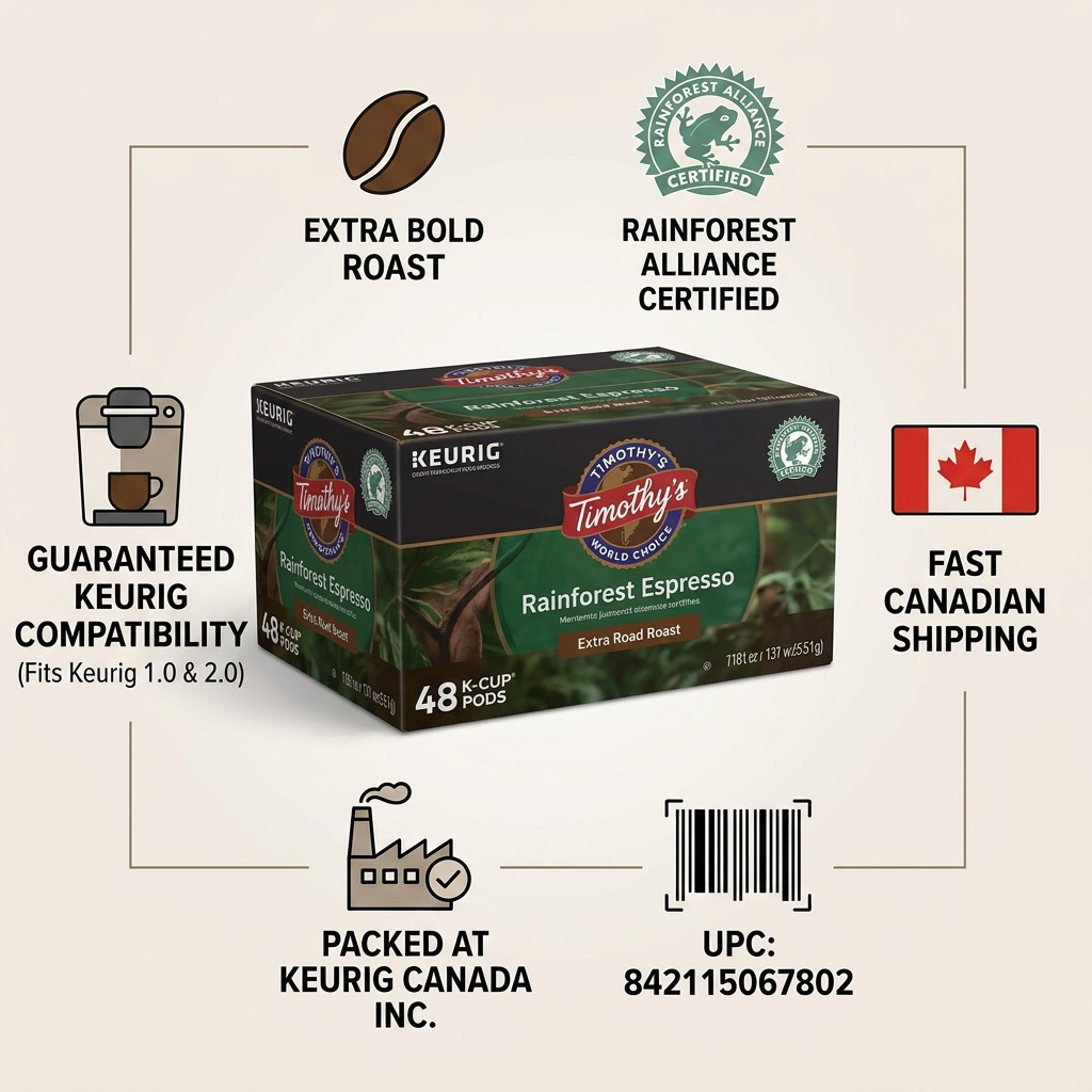 Infographic for Timothy's Espresso 48-count K-Cups showing Rainforest Alliance logo and bold roast.