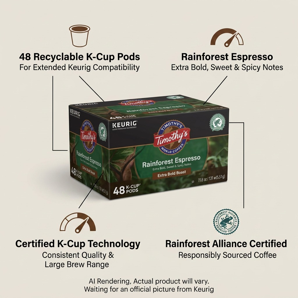 Feature graphic for Timothy's Rainforest Espresso 48-count K-Cups showing recyclable pods and certification labels.