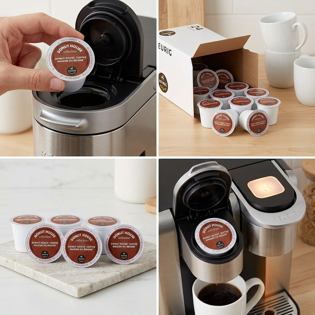 A hand placing a Donut House Light Roast K-Cup pod into a Keurig machine on a kitchen counter.