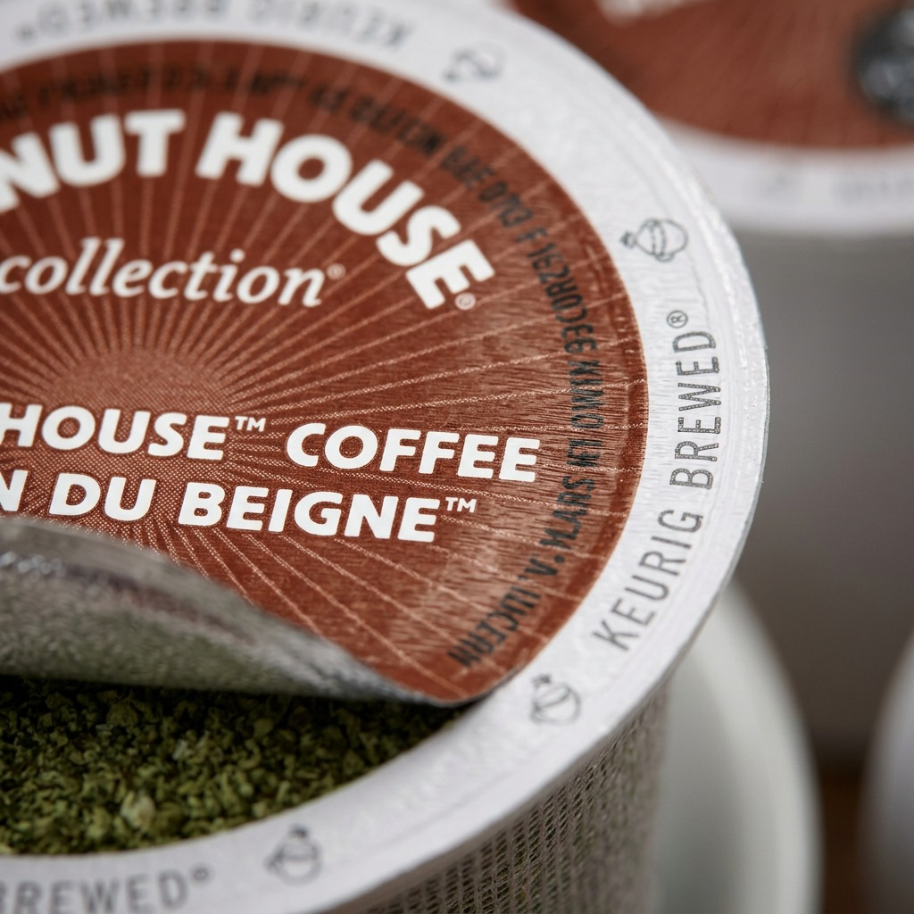 Extreme macro of a Donut House Collection Light Roast K-Cup showing the foil seal and coffee grounds.