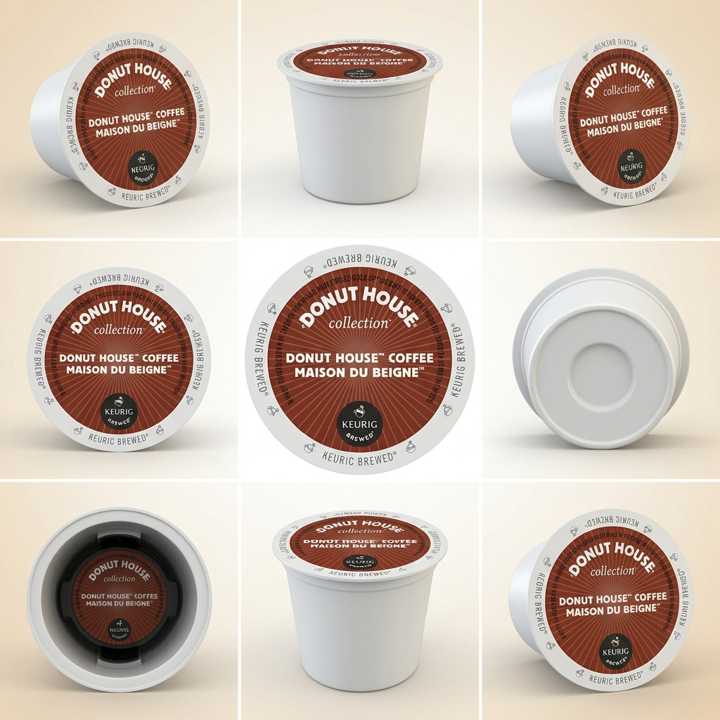 Grid showing Donut House Light Roast Coffee K-Cups from various angles, including lid and side views.