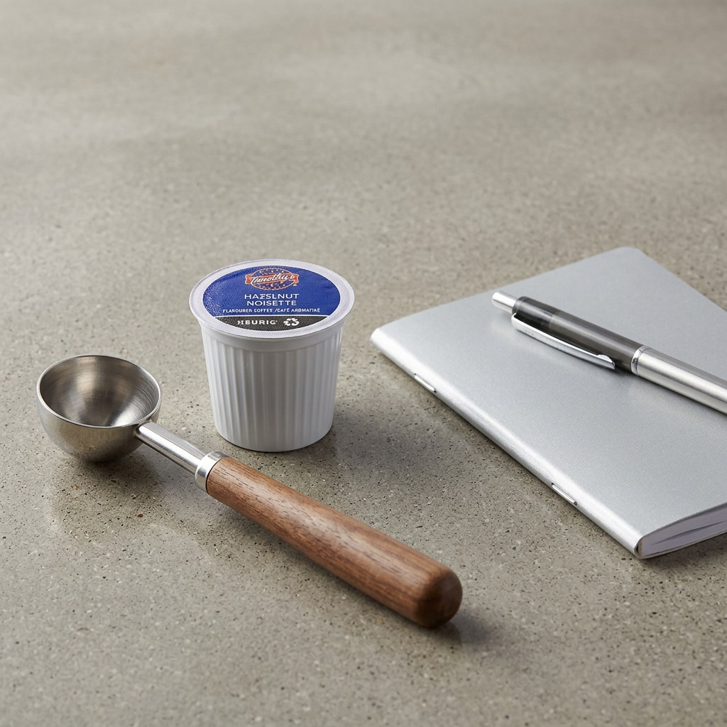 Timothy's Hazelnut K-Cup Pod shown for scale next to a coffee scoop and a notebook with a pen.