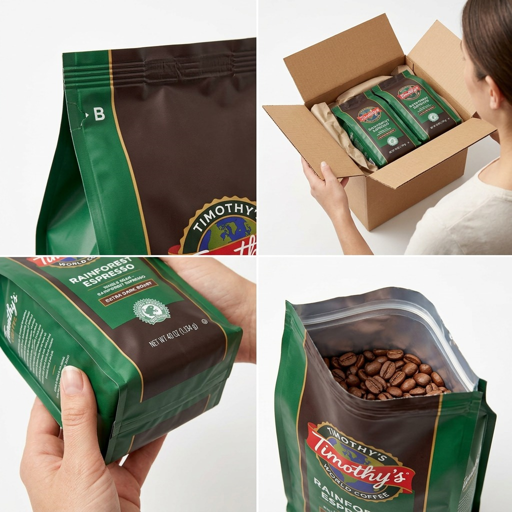 Person unboxing Timothy's Rainforest Espresso whole bean coffee bags from a secure shipping box.