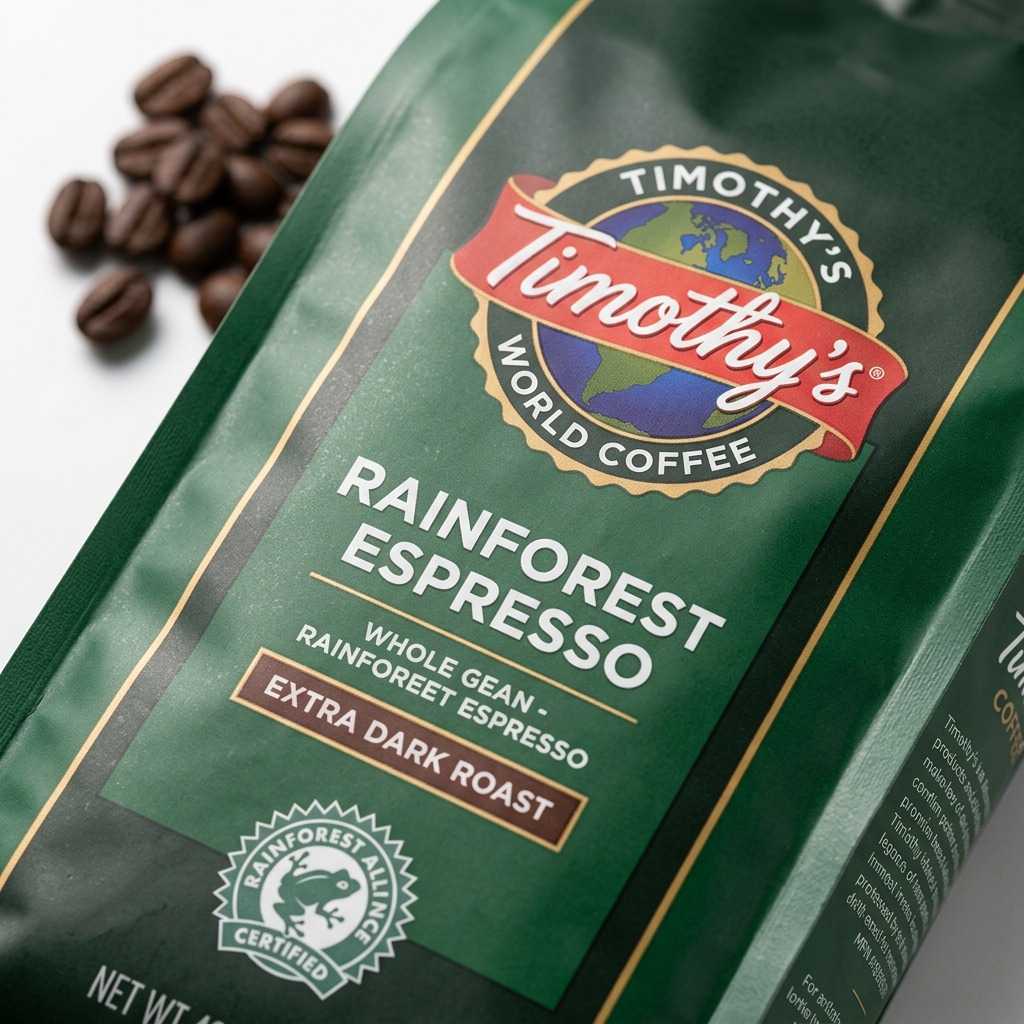Macro detail of Timothy's Rainforest Espresso extra dark roast whole bean coffee bag branding.