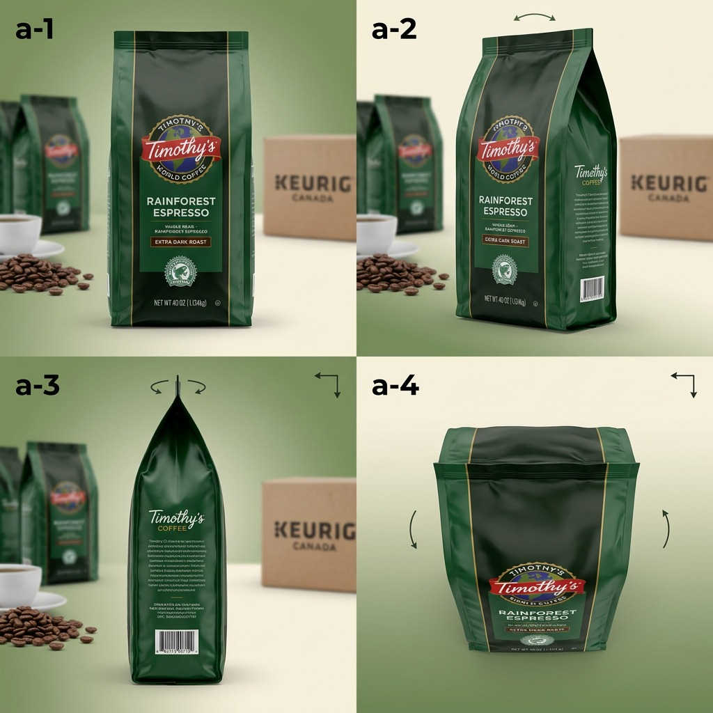 Matrix showing front, side, and top views of Timothy's Rainforest Espresso whole bean coffee bags.