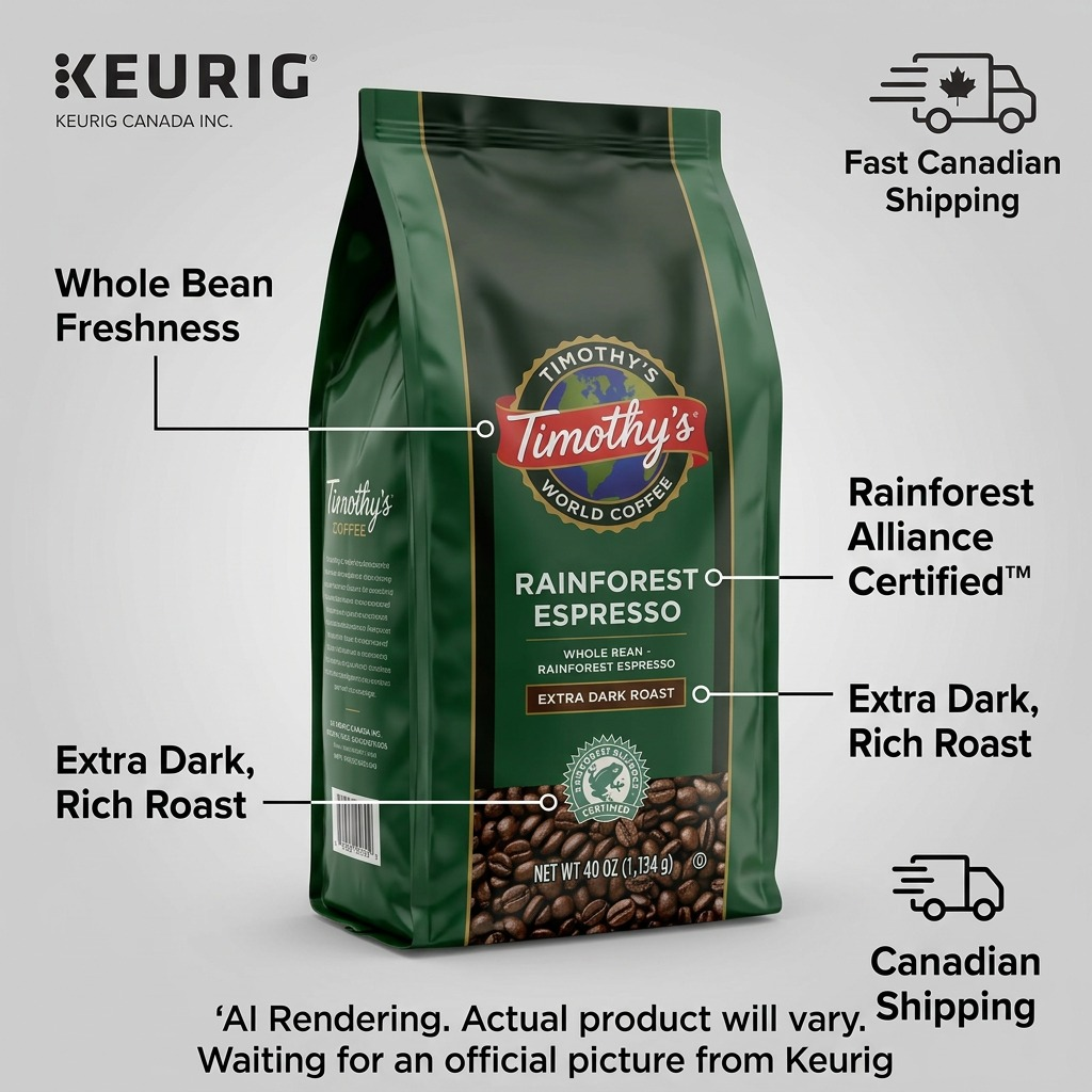 Timothy's Rainforest Espresso Whole Bean Coffee highlighting Rainforest Alliance dark roast features.