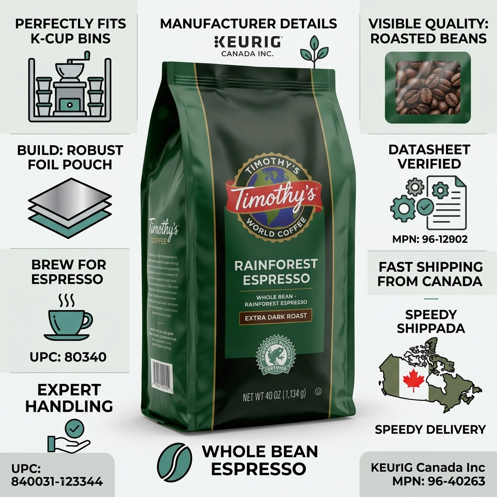 Timothy's Rainforest Espresso whole bean coffee infographic with quality features and fast Canada shipping.