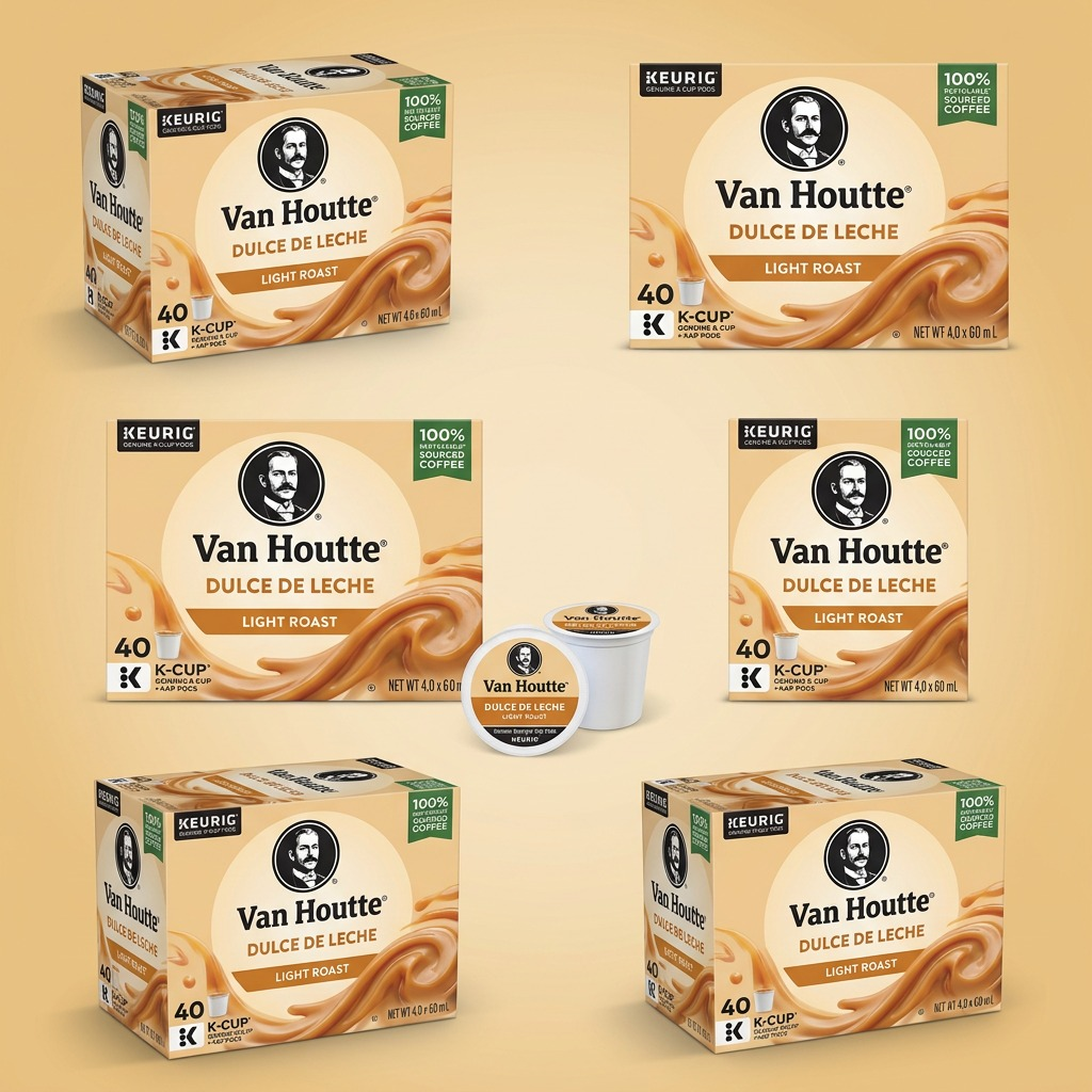 Multiple angles of Van Houtte Dulce de Leche Light Roast coffee boxes and individual K-Cup pods.