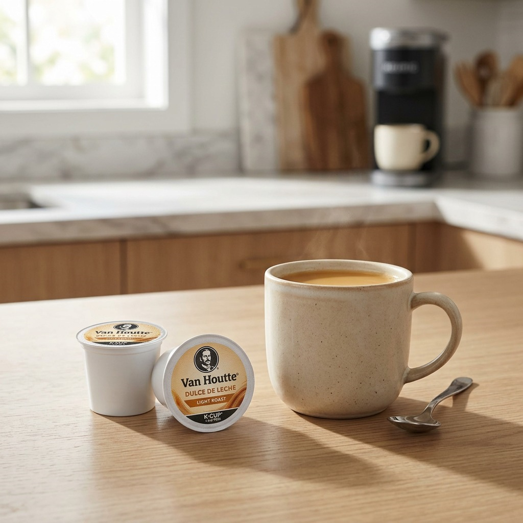 Van Houtte Dulce de Leche K-Cups beside a steaming ceramic mug of coffee in a kitchen setting.