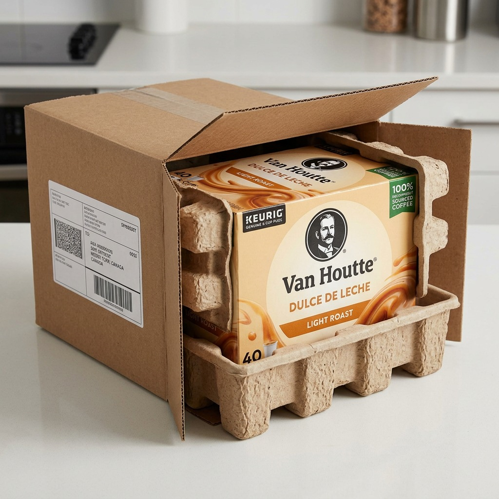 Van Houtte Dulce de Leche K-Cups in secure shipping box with molded pulp protective packaging.