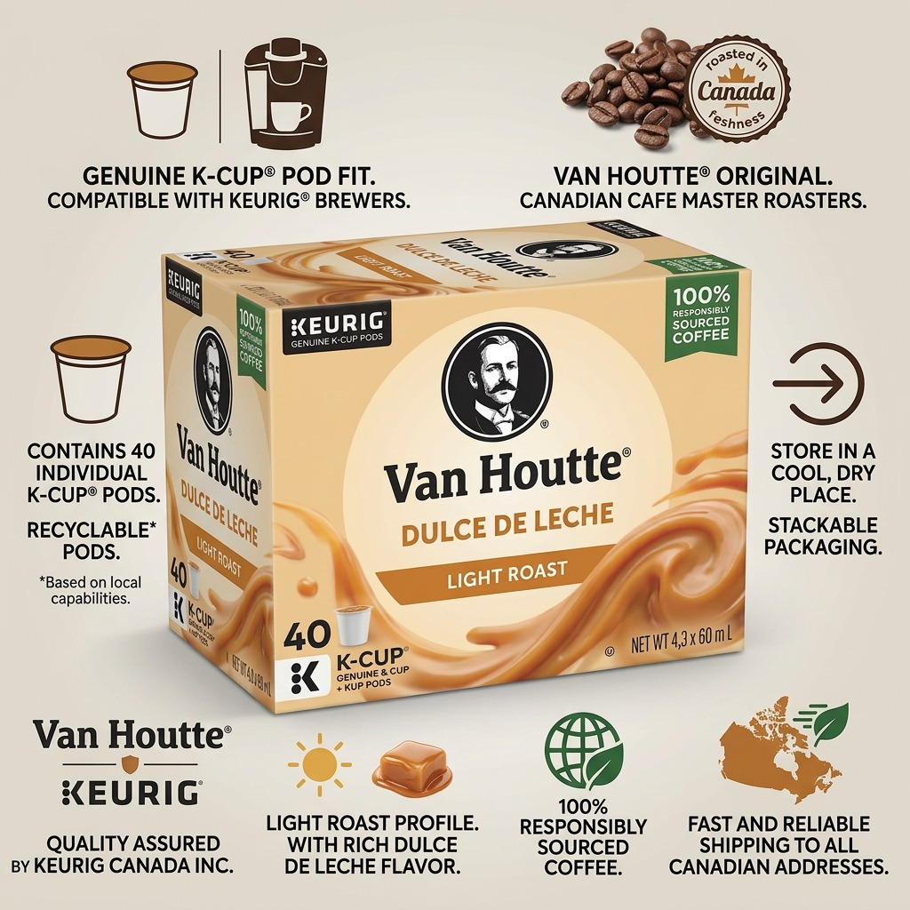 Van Houtte Dulce de Leche K-Cup coffee infographic highlighting Keurig compatibility and Canadian shipping.