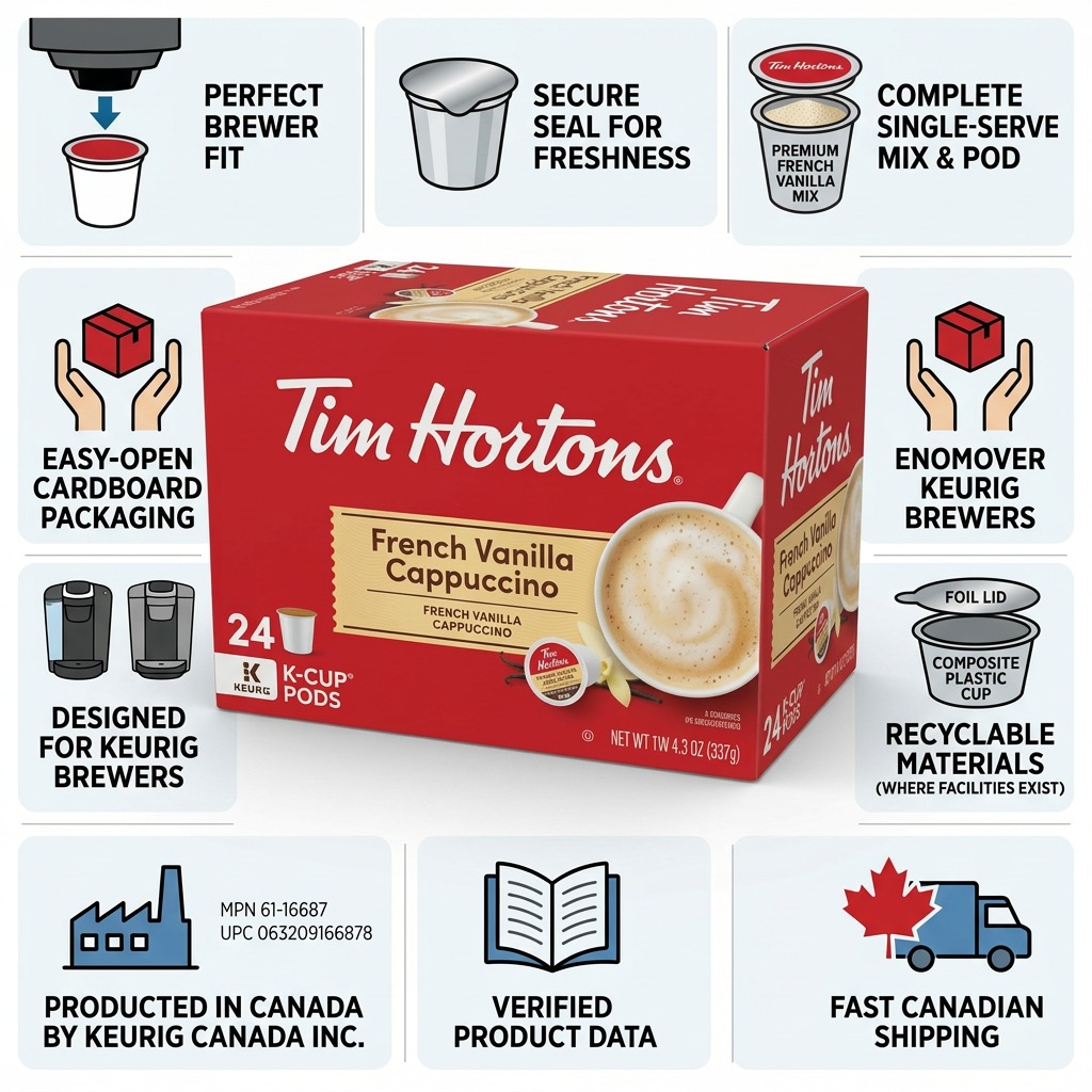 Tim Hortons French Vanilla Cappuccino 24-pack box with icons highlighting Keurig compatibility.