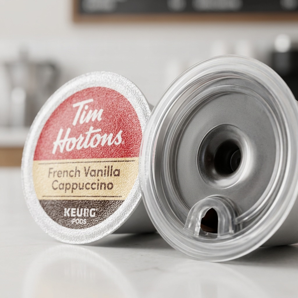 Macro detail of a Tim Hortons French Vanilla Cappuccino K-Cup pod and its plastic lid structure.