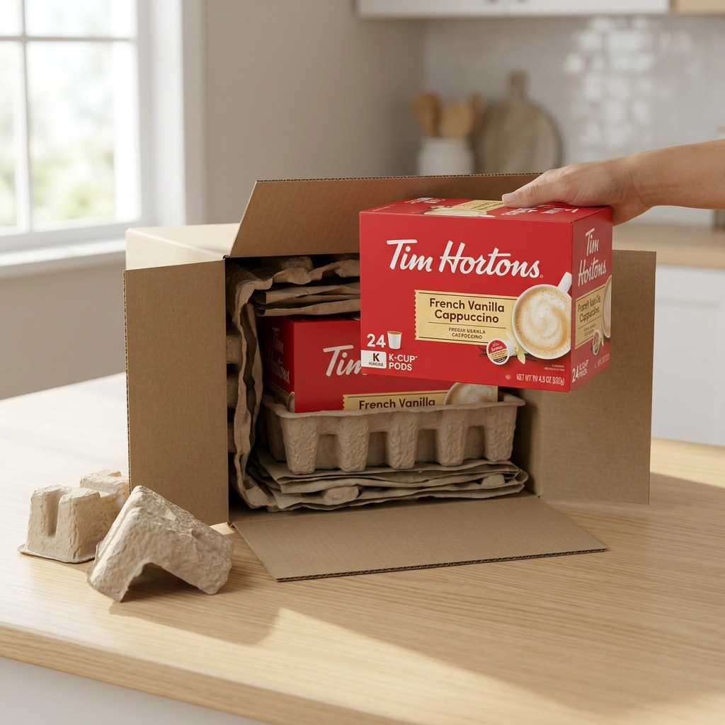 A hand unboxing a 24-pack of Tim Hortons French Vanilla Cappuccino K-Cups from a padded shipping box.
