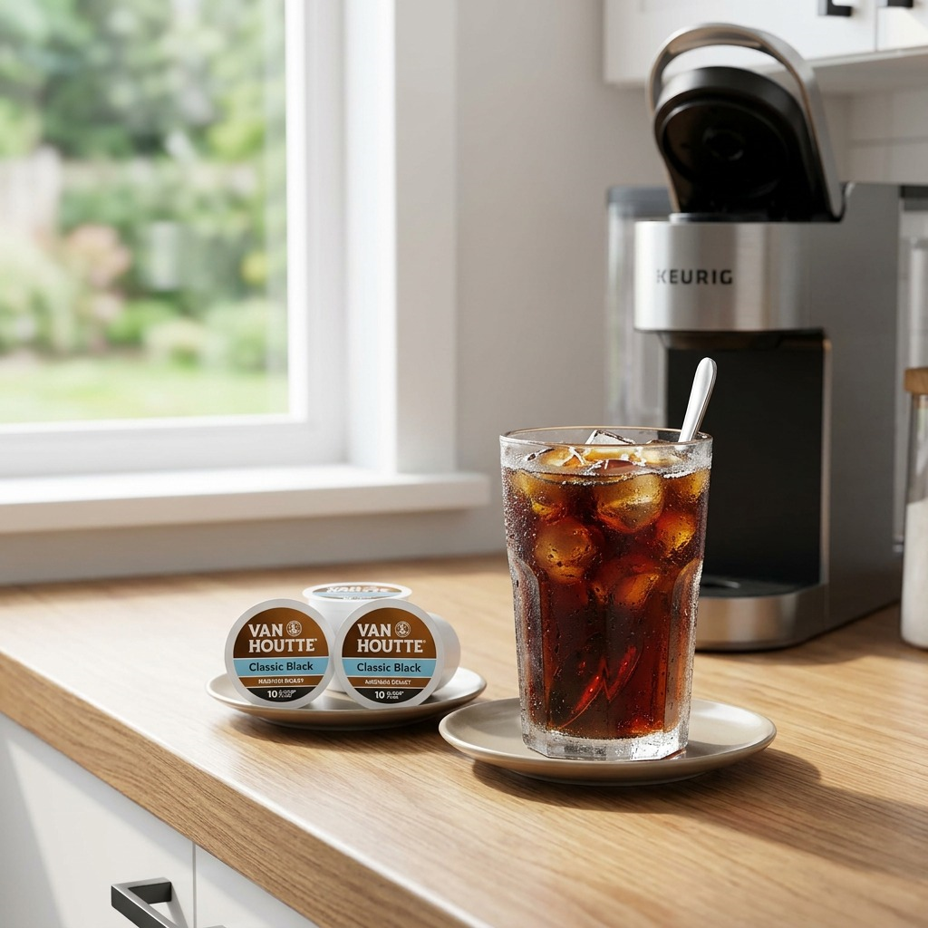 Van Houtte Classic Black K-Cups displayed on a kitchen counter next to a glass of iced coffee.