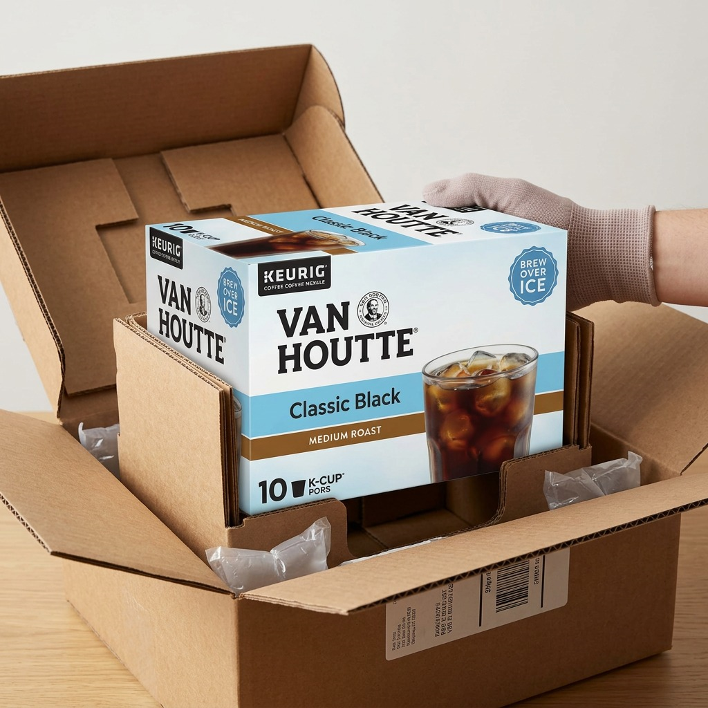 Van Houtte Classic Black 10-count K-Cup box being unboxed from protective shipping materials.