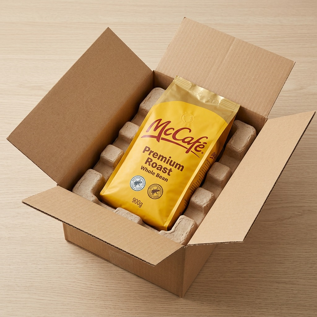 A 900g bag of McCafé Premium Roast Whole Bean Coffee securely packed in a protective shipping box.