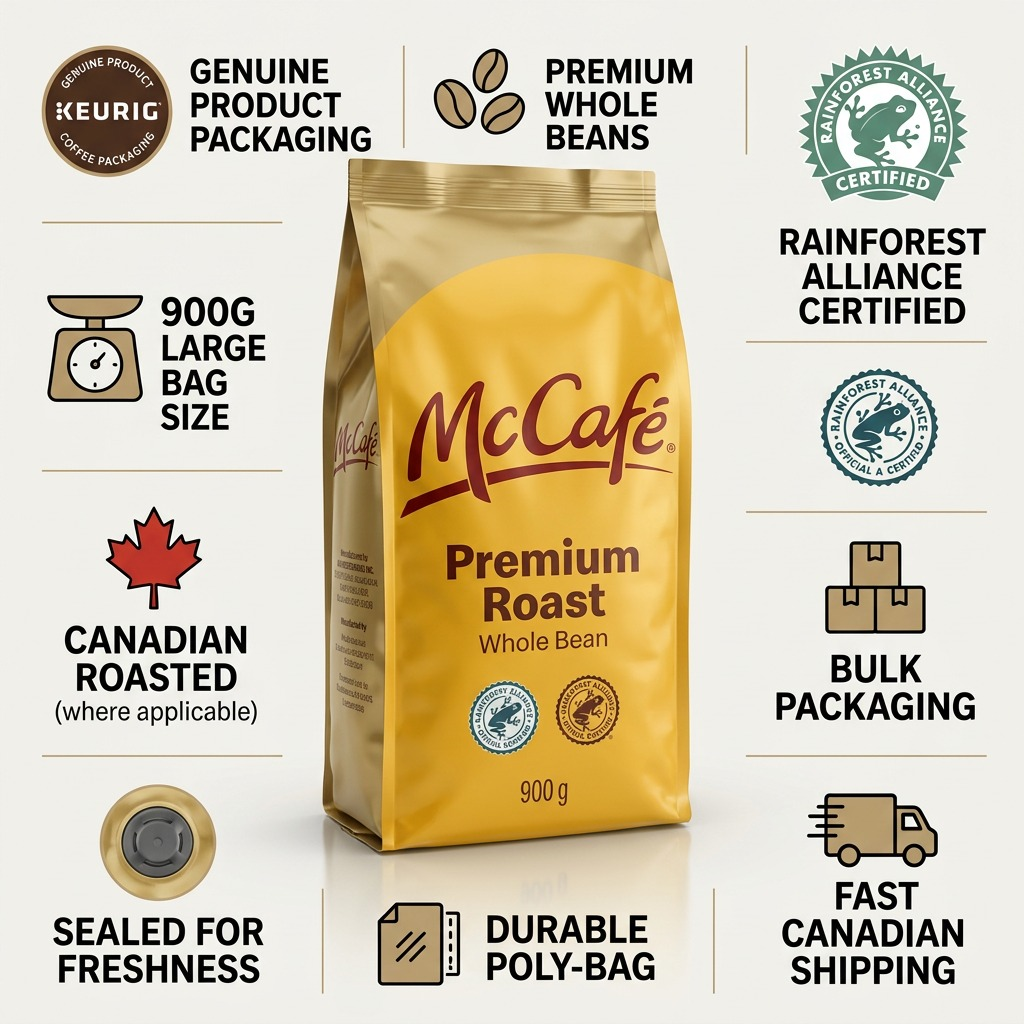 Infographic for McCafé Premium Roast Whole Bean Coffee 900g featuring Rainforest Alliance certification.