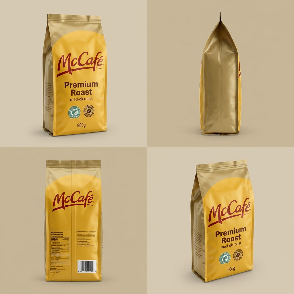 A 4-way grid view of McCafé 900g Premium Roast Whole Bean Coffee bags from various angles.