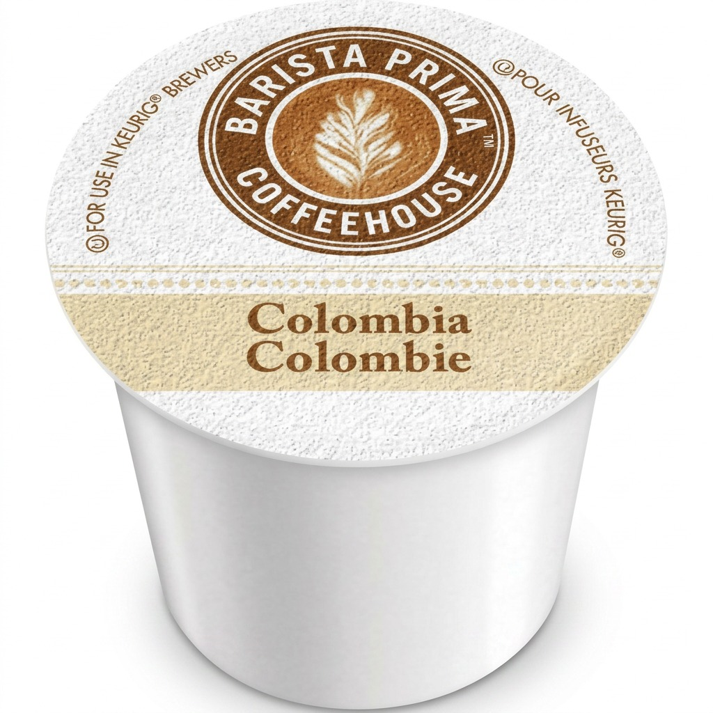 Single Barista Prima Coffeehouse Colombia K-Cup pod for Keurig brewers on a white background.