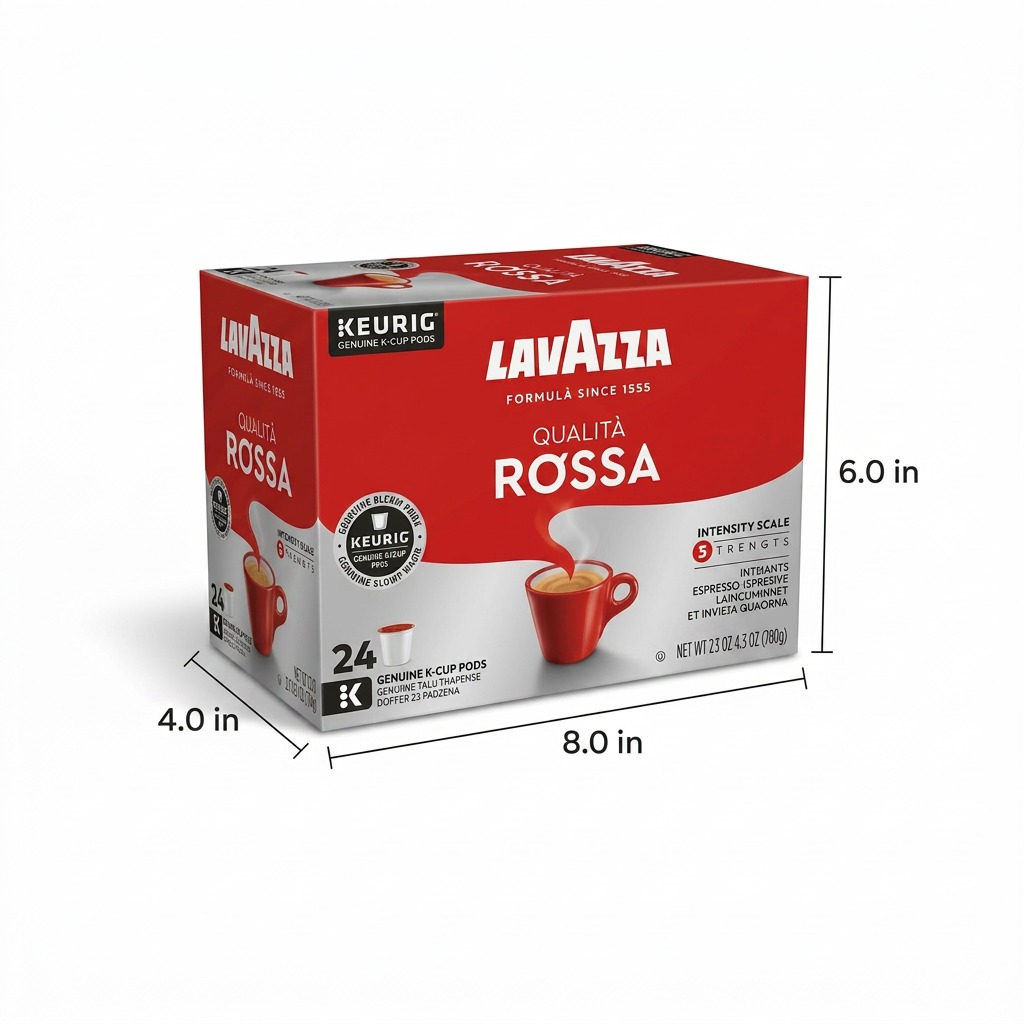 Box of Lavazza Qualità Rossa medium roast K-Cup pods, 24 count, with product dimensions.