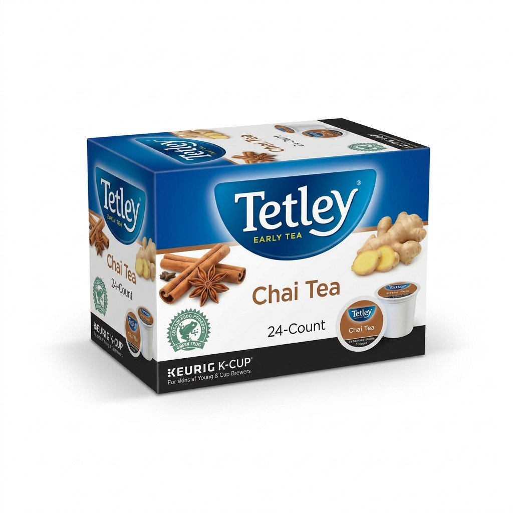 24-count box of Tetley Chai Tea K-Cup pods for Keurig brewers, featuring cinnamon and ginger icons.