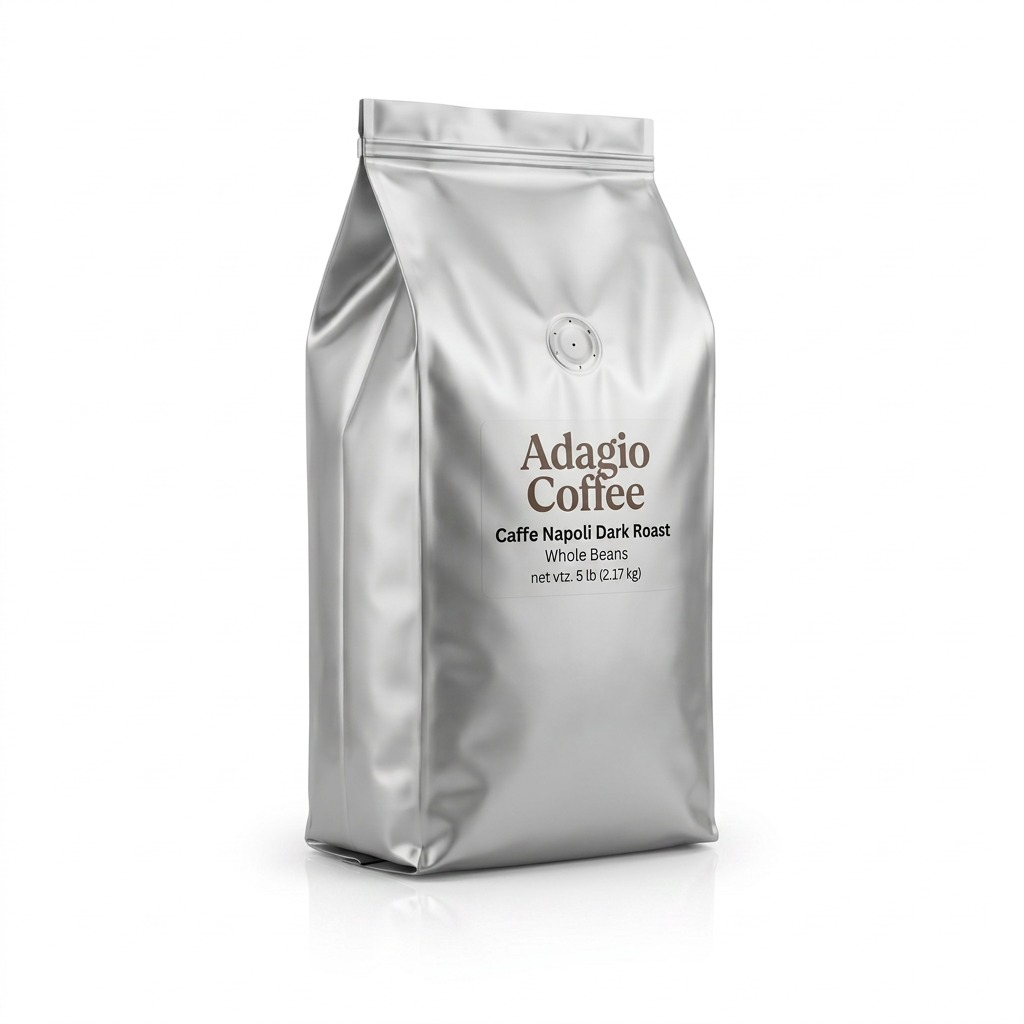 Adagio Napoli Dark Roast Whole Bean Coffee, 5lb bulk silver bag with degassing valve.