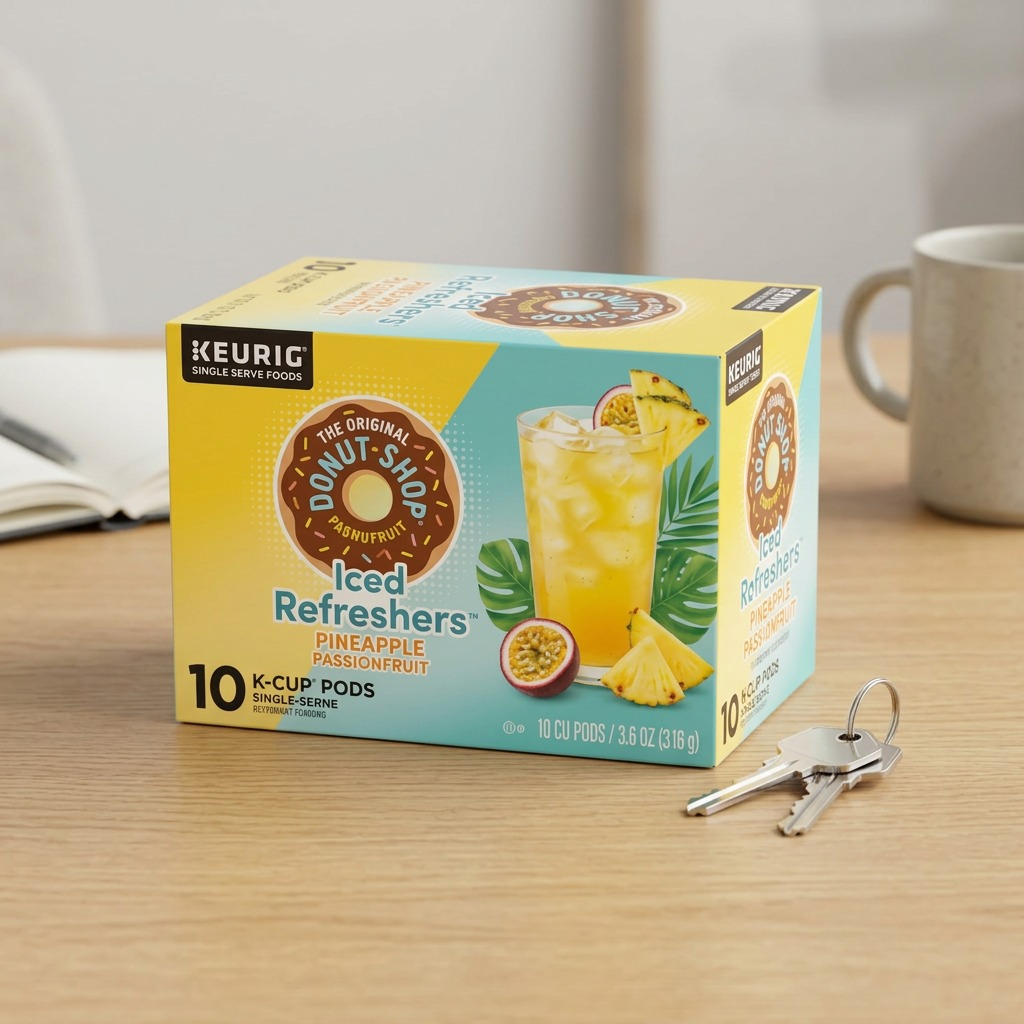 A 10-count box of The Original Donut Shop Iced Refreshers K-Cups shown on a desk next to house keys.