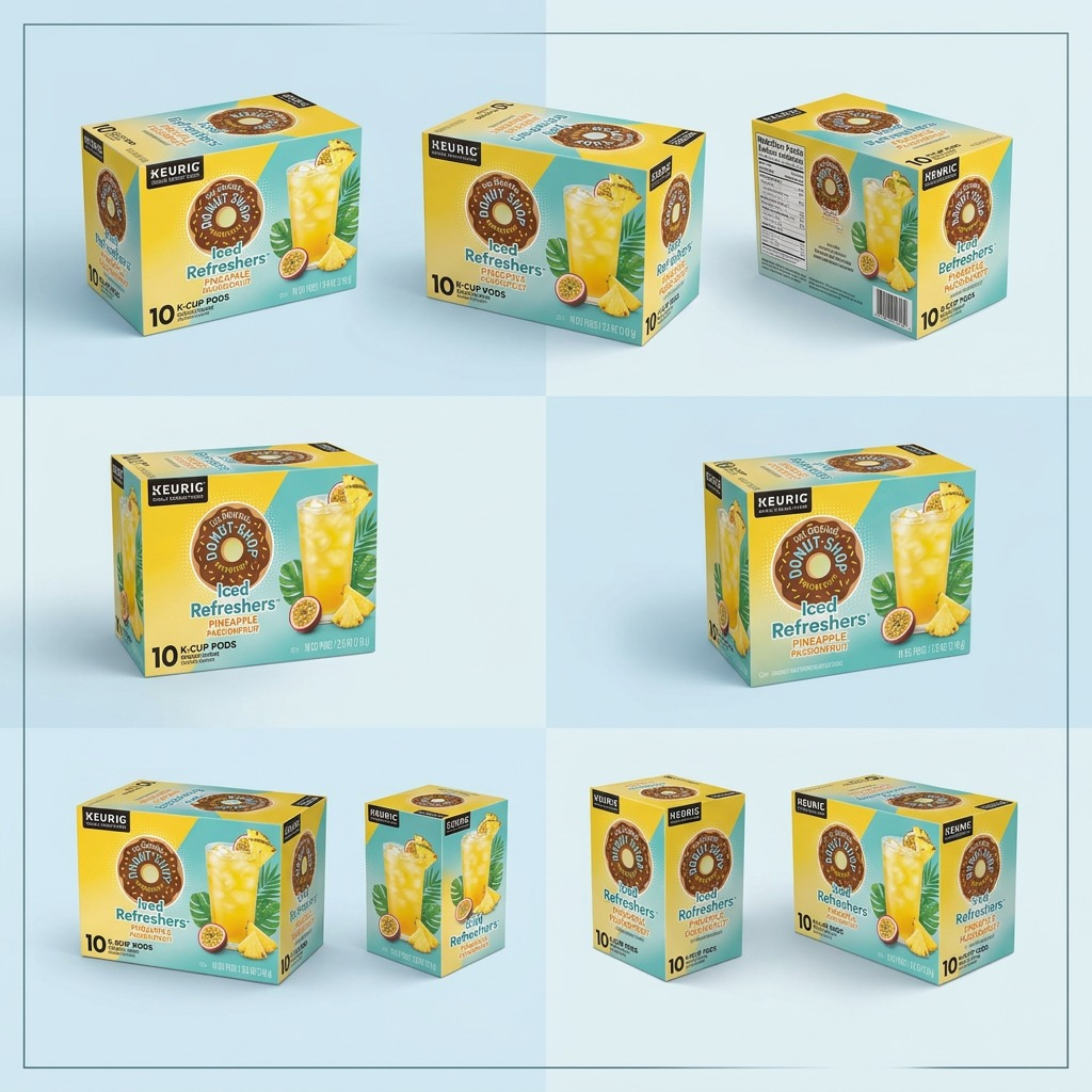A matrix of The Original Donut Shop Pineapple Passionfruit Iced Refreshers 10-count K-Cup boxes.
