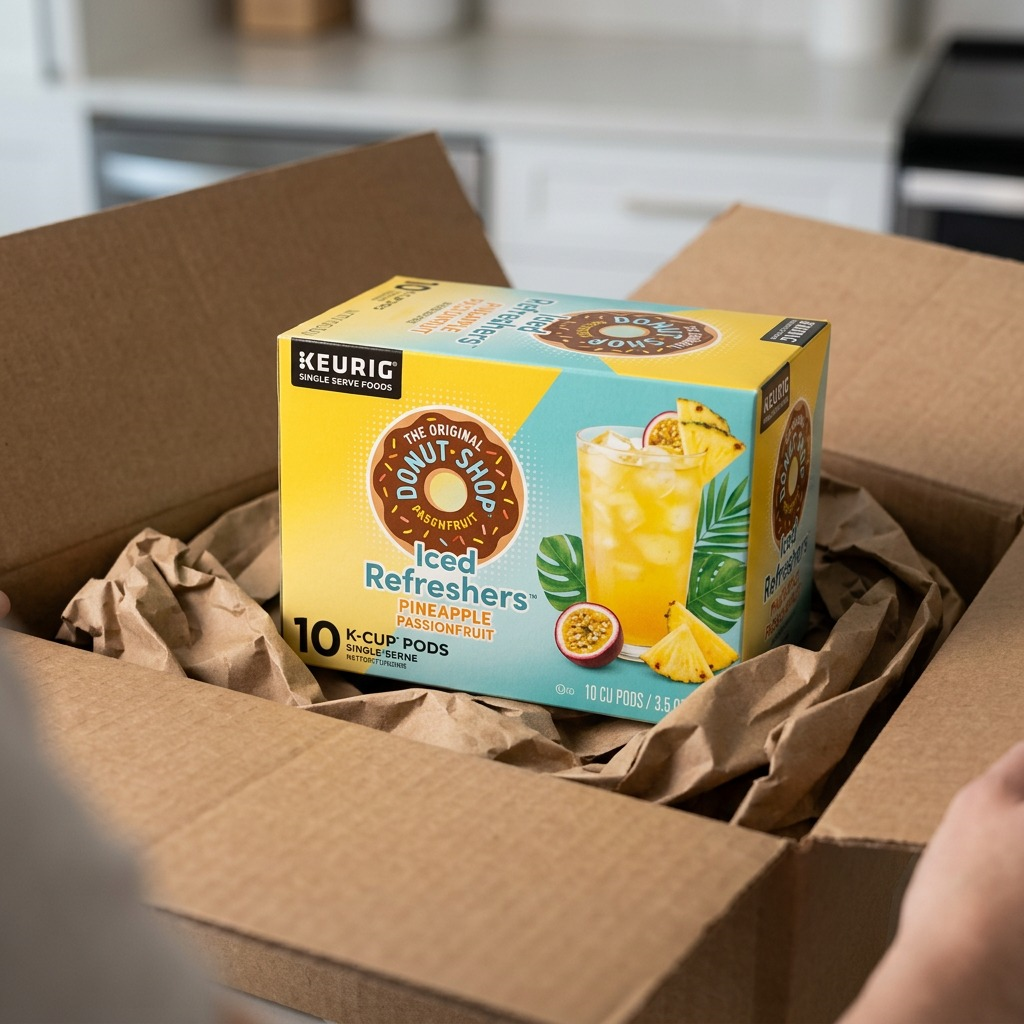 A box of Keurig Donut Shop Pineapple Passionfruit Iced Refreshers inside a shipping box with paper.