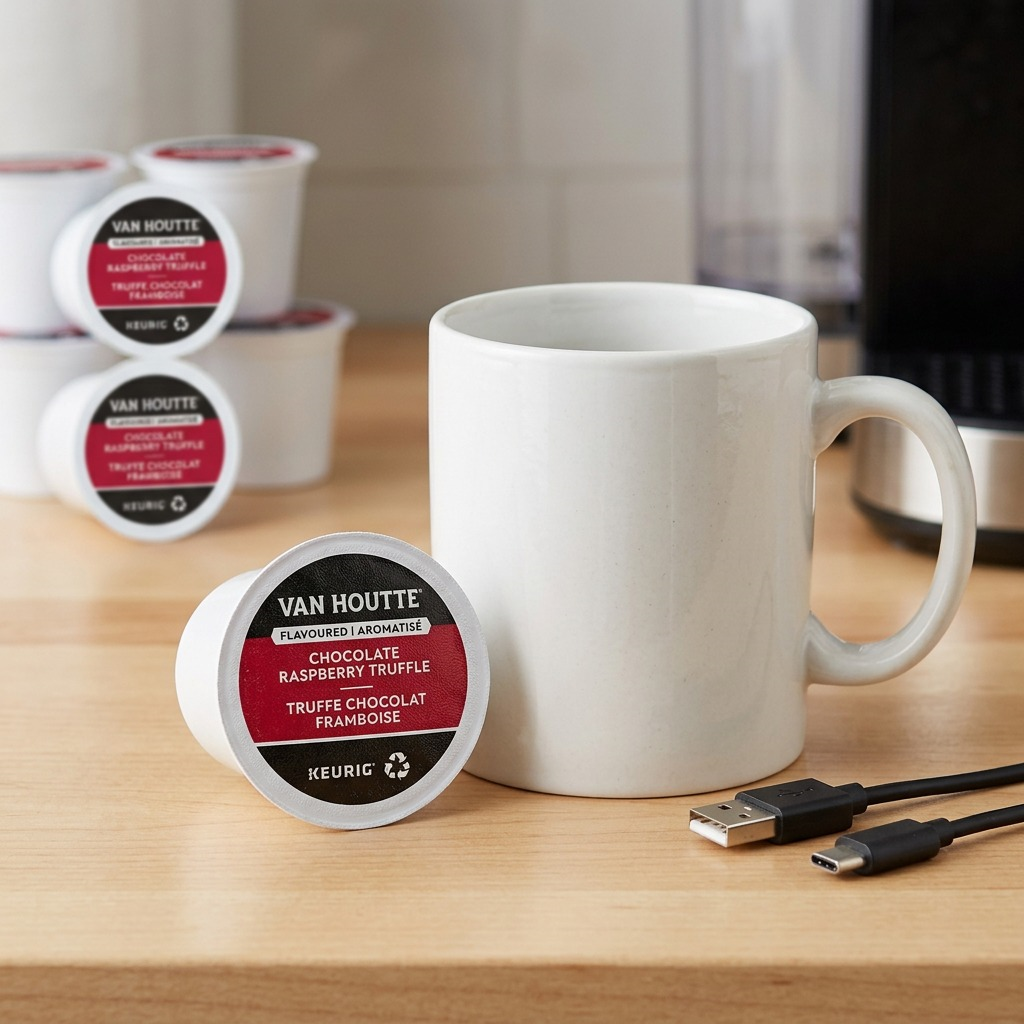 Van Houtte Raspberry Chocolate Truffle K-Cup pod placed next to a standard white mug for scale.