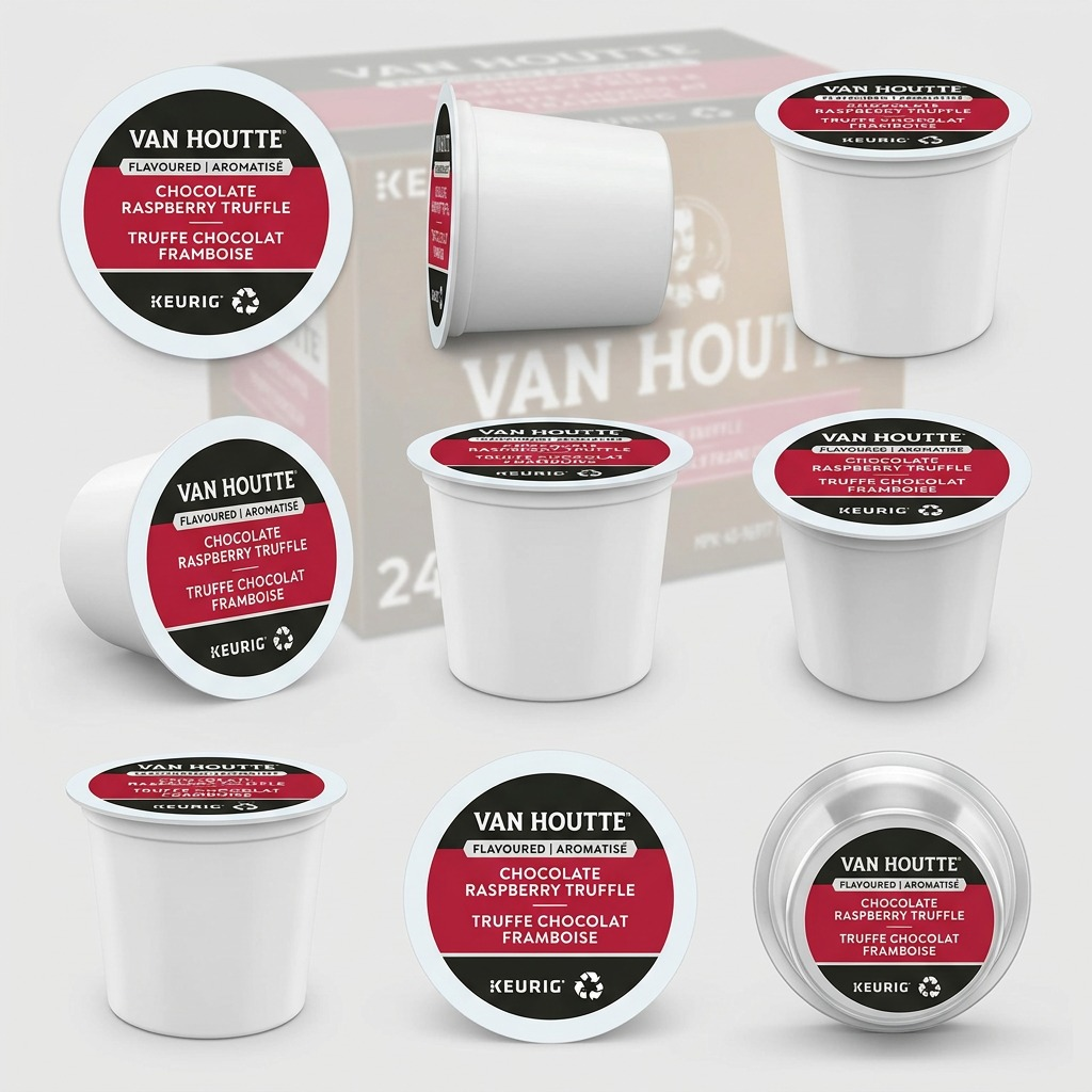 Multiple angles of Van Houtte Raspberry Chocolate Truffle K-Cup pods in a 3x3 grid arrangement.