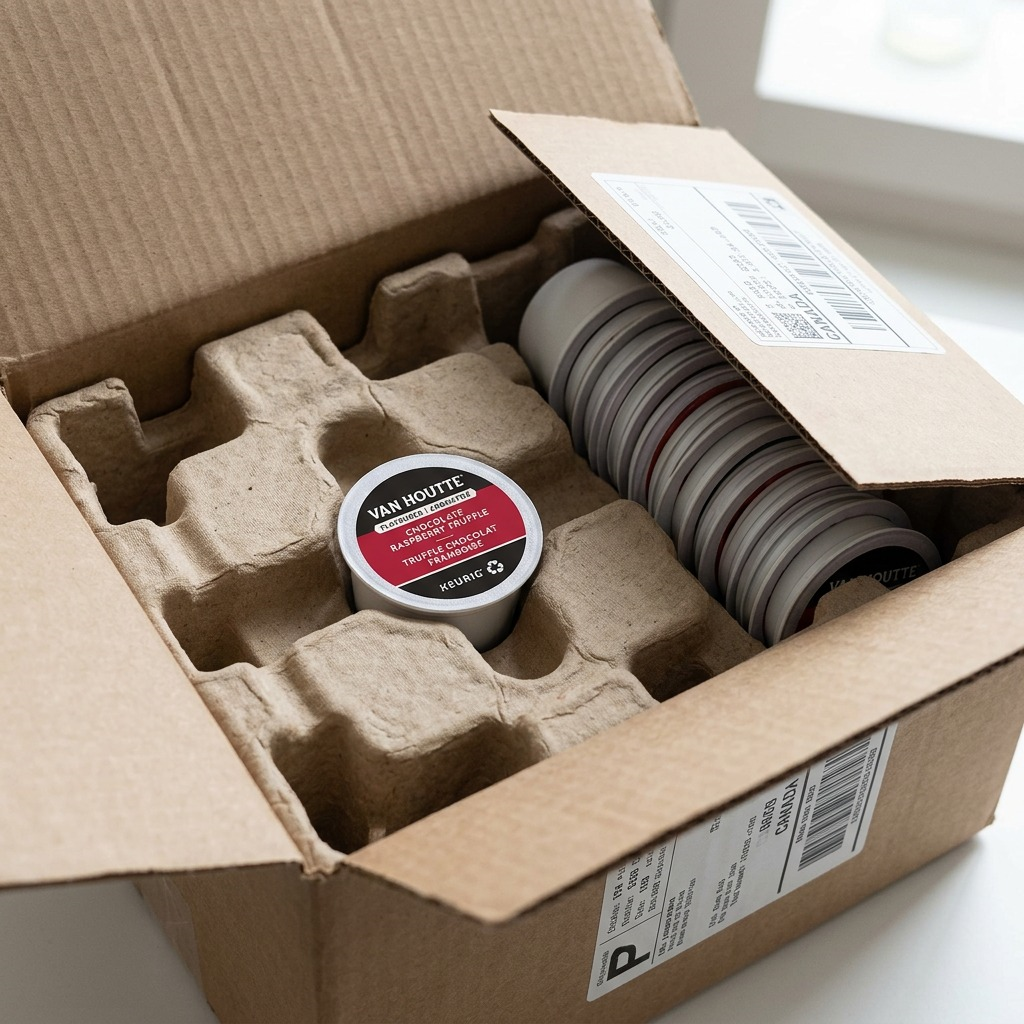 Van Houtte Raspberry Chocolate Truffle K-Cup pods neatly secured in a shipping box with protective inserts.