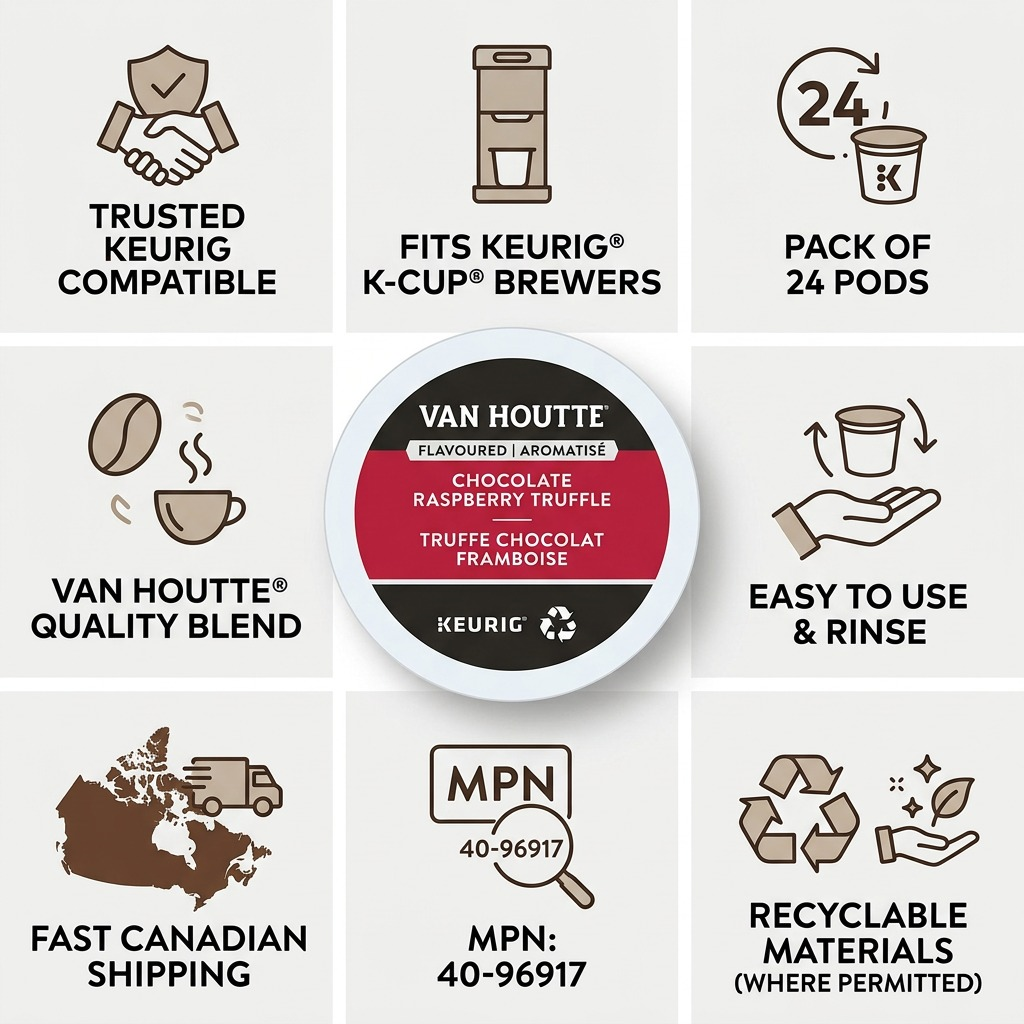 Van Houtte Chocolate Raspberry Truffle coffee infographic showing Keurig compatibility and features.