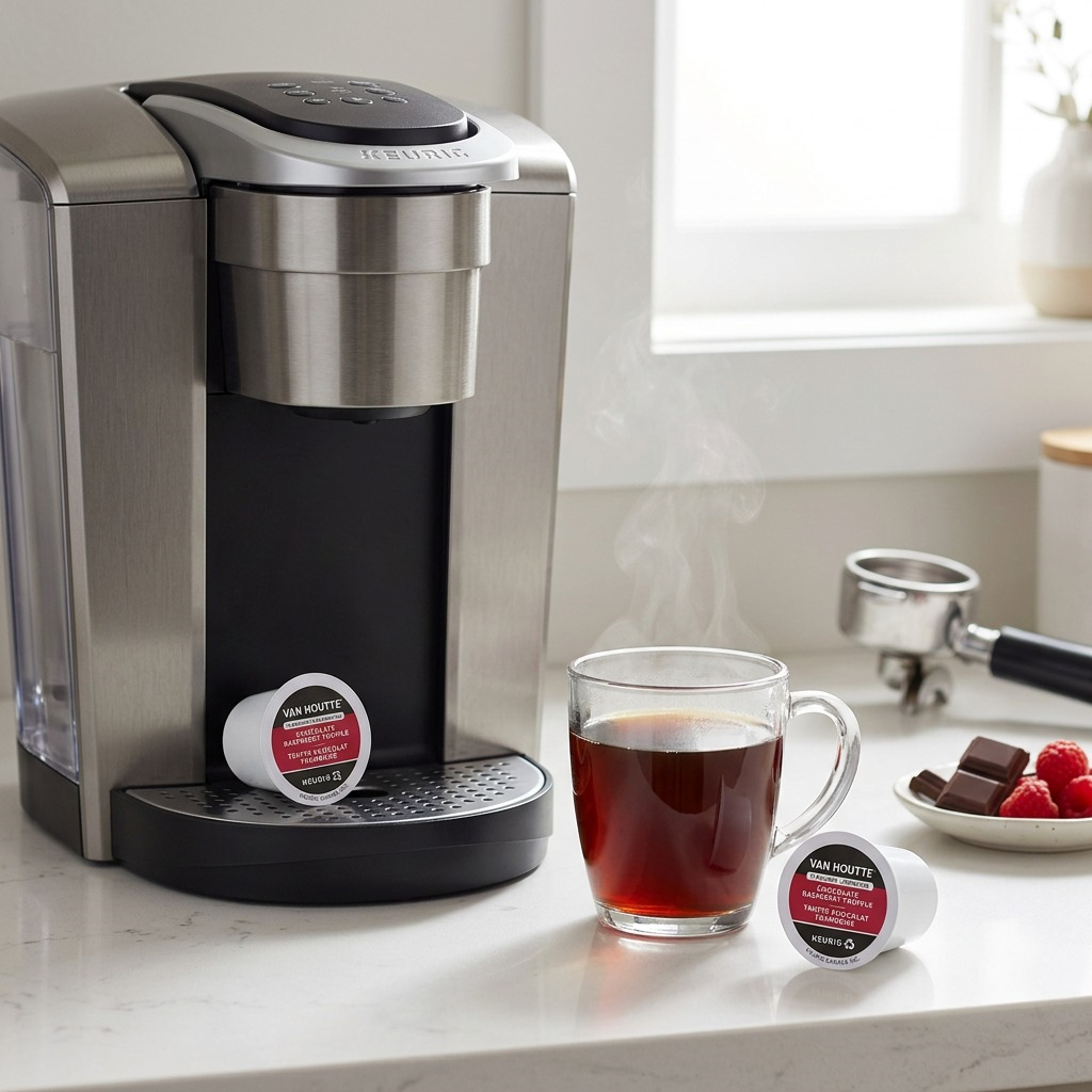 Steaming mug of Van Houtte Raspberry Chocolate Truffle coffee by a Keurig brewer with K-Cup pods.