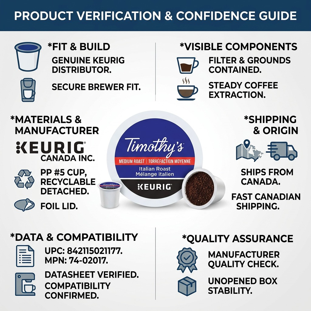 Confidence guide for Timothy's Italian Blend K-Cups showing fit, material, and Canadian shipping.
