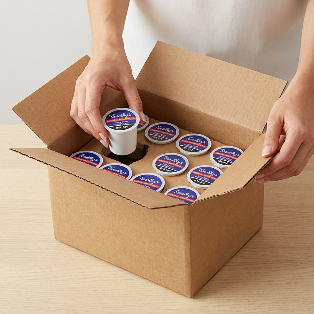 Hands unpacking Timothy's Italian Blend K-Cups from a sturdy, protective cardboard shipping box.