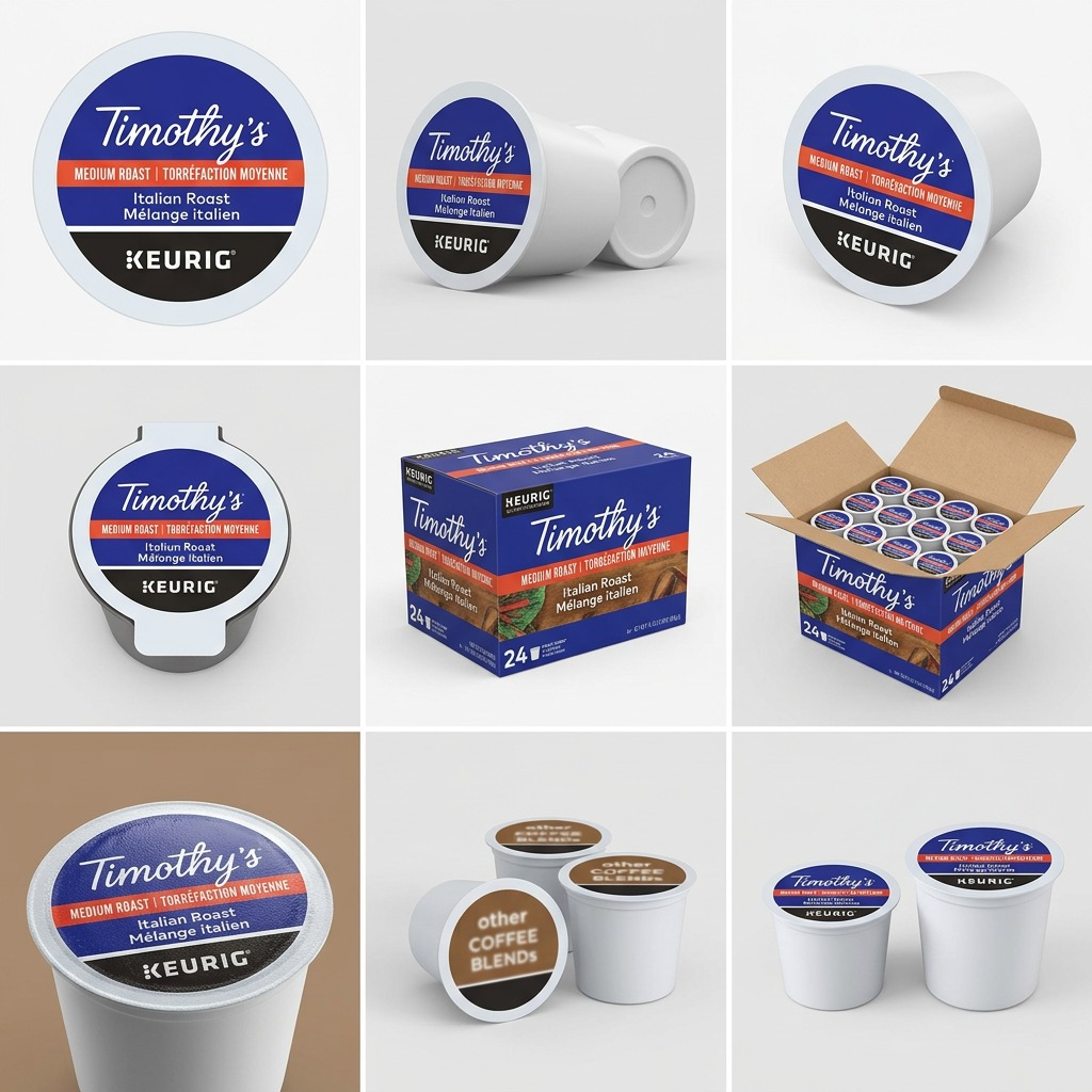 Grid showing Timothy's Italian Blend K-Cups from multiple angles, the 24-count box, and packaging.