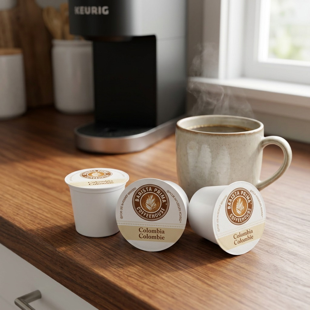 Three Barista Prima Coffeehouse Colombian K-Cup pods next to a steaming mug and black Keurig brewer.