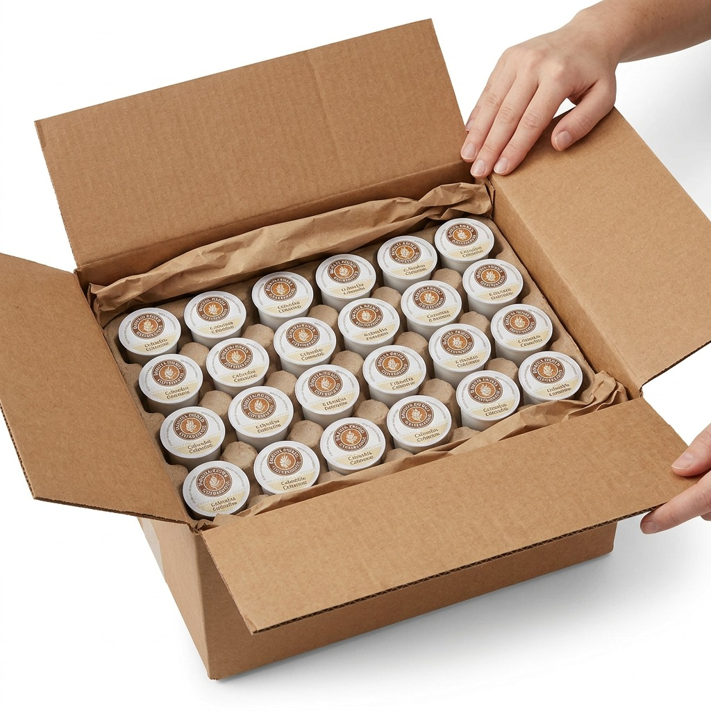 A 24-pack of Barista Prima Colombian Coffee K-Cup pods neatly organized inside a secure shipping box.