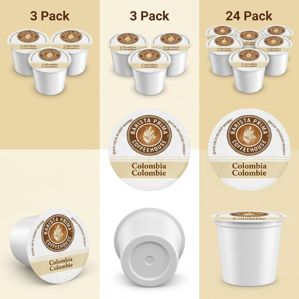 Grid showing Barista Prima Colombian Coffee K-Cup pods in 3 and 24 packs with various angles.