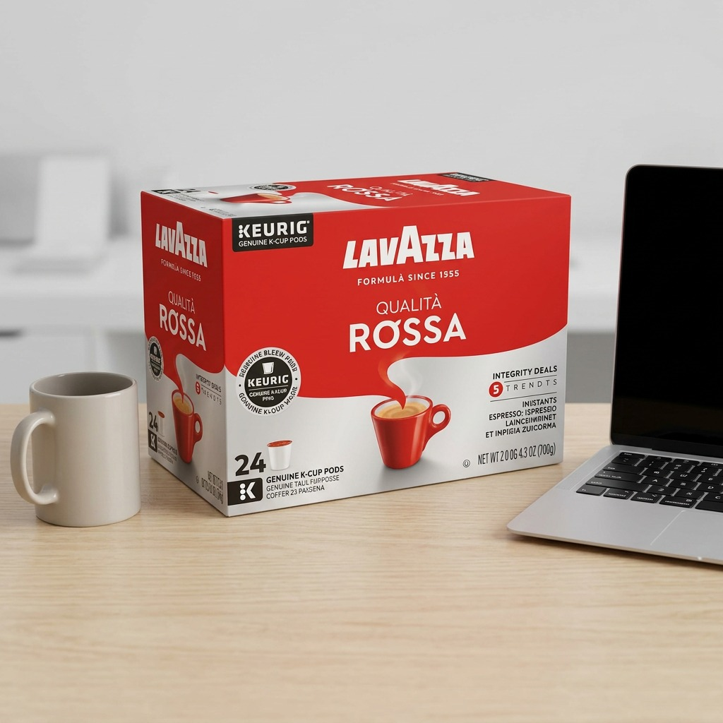 24-count box of Lavazza Qualità Rossa K-Cup pods on a desk next to a laptop and coffee mug for scale.