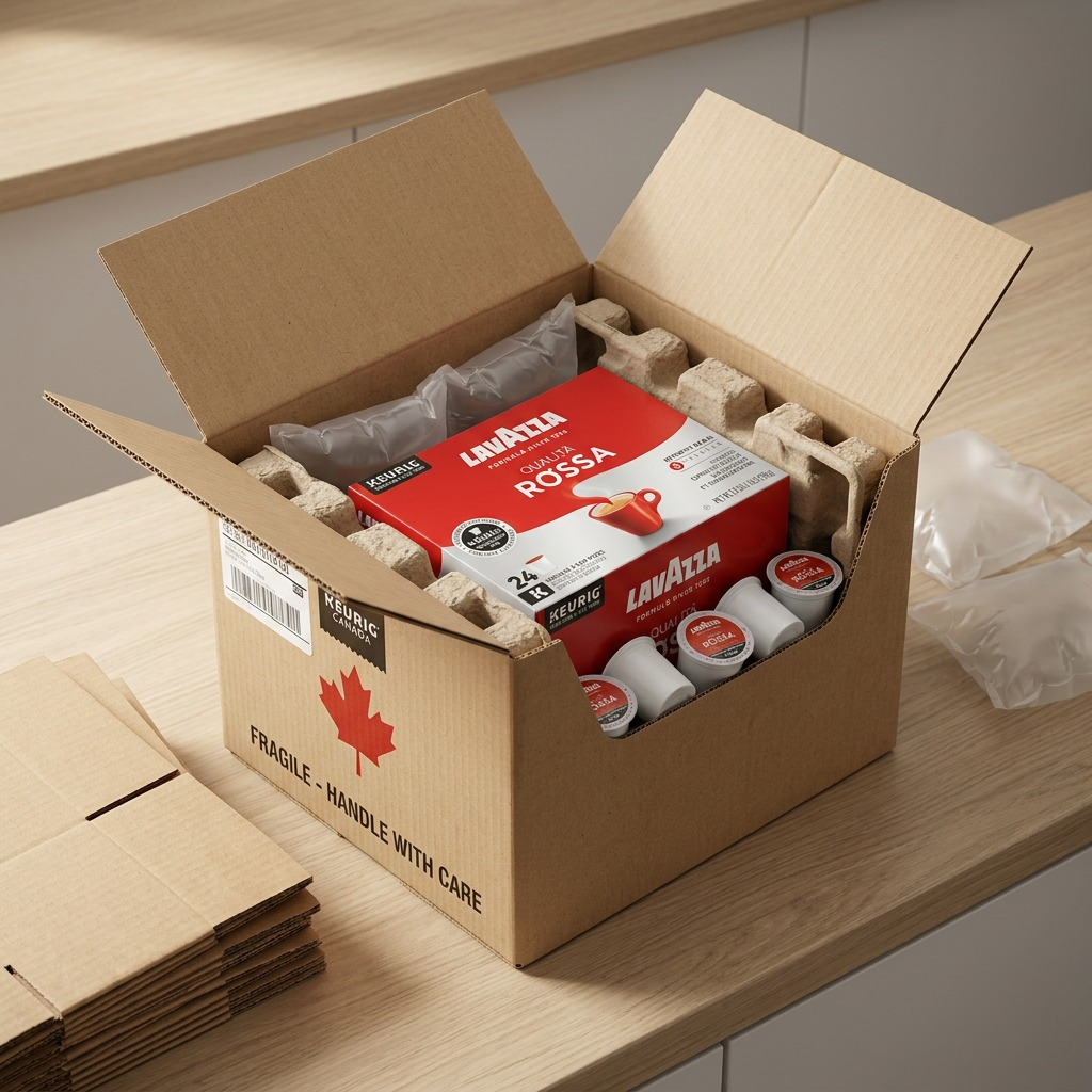 Lavazza Qualità Rossa 24-count K-Cup box securely packaged with air pillows in a Keurig Canada box.