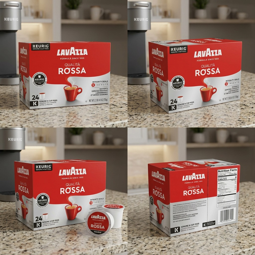 Grid of Lavazza Qualità Rossa 24-count K-Cup pod boxes from multiple angles on a granite counter.