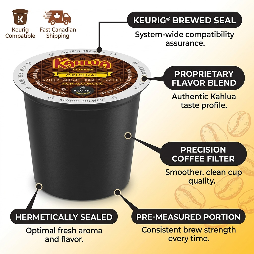 Kahlúa Original Coffee K-Cup Pod feature callouts showing Keurig compatibility and flavor blend.
