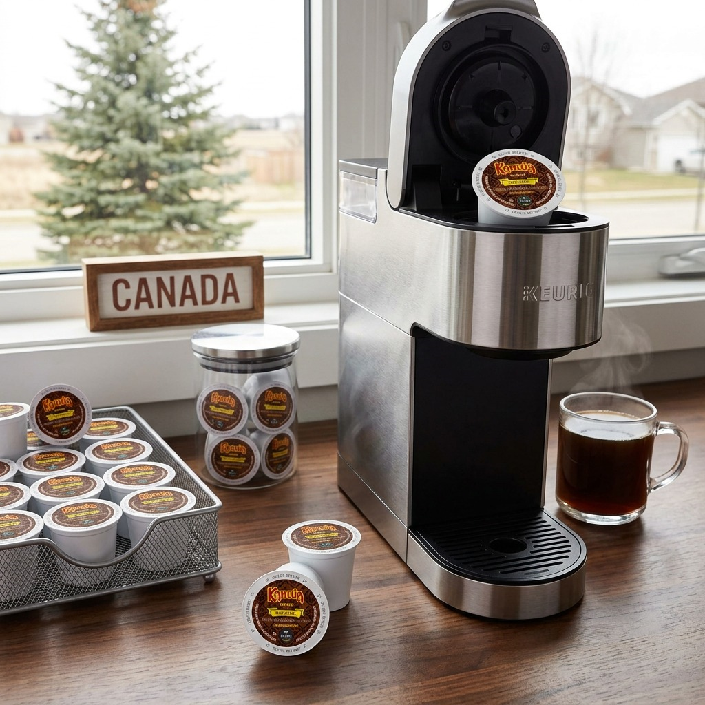 Kahlúa Original Coffee K-Cup Pods beside a stainless steel Keurig machine and a fresh cup of coffee.